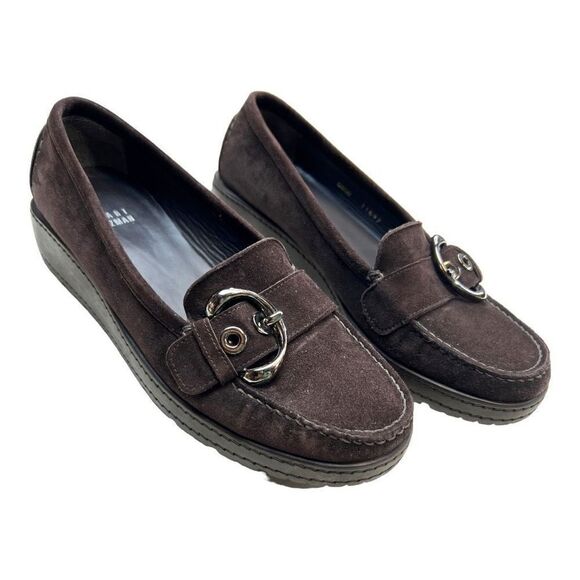 Stuart Weitzman Women's Suede Wedge Slip-On Buckle Loafers Shoes Brown Size 6.5M - Picture 1 of 9